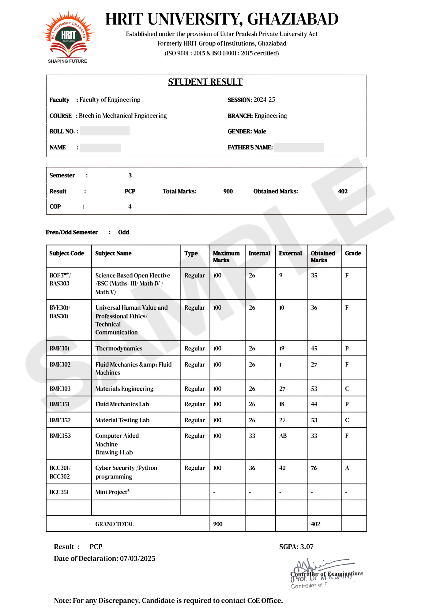 HRIT University Sample Student Result